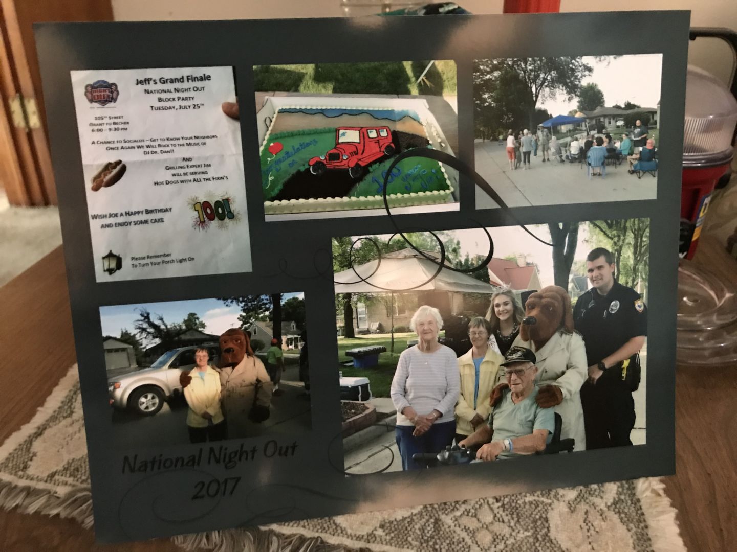 A collage from Joe's 100th birthday celebration at their neighborhood's National Night Out Block Party