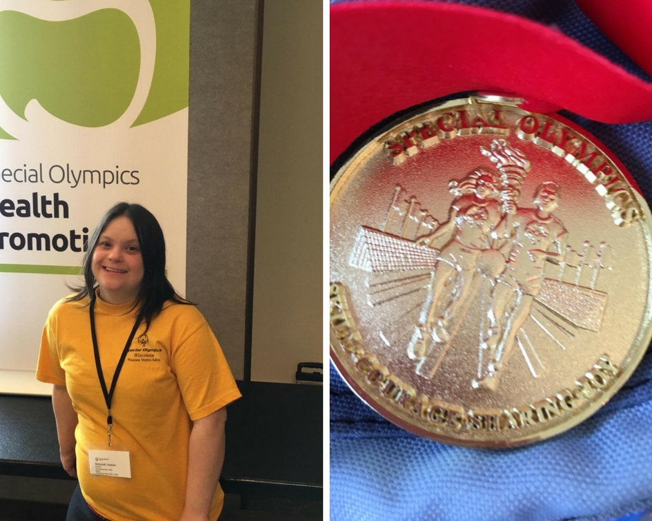 Binkowski at Healthy Promotions at the 2017 OST and the gold medal she earned in bocce at the tournament