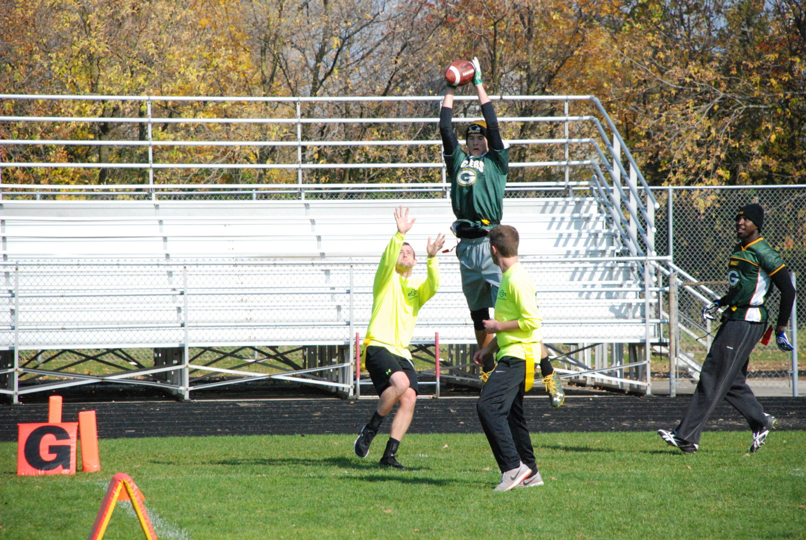 A player gets serious air to haul in a catch