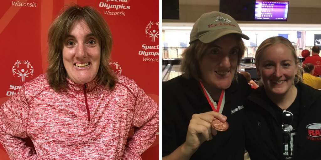 Left - Krista Hinckley's Team Wisconsin headshot; Right - Krista showing off a bowling medal with her sister Natalie