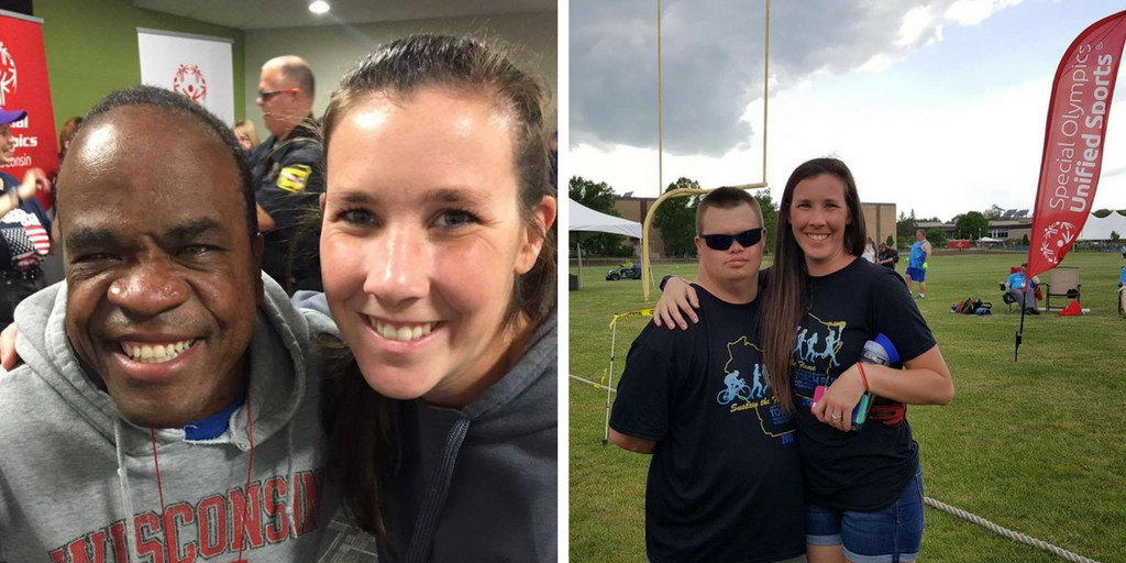 Left: Neukirchen with athlete Lee Andrews at a bowling tournament; Right: Neukirchen with athlete Jacob Best during Summer Games