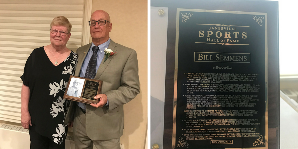 Semmens and his plaque from the Janesville Sports Hall of Fame