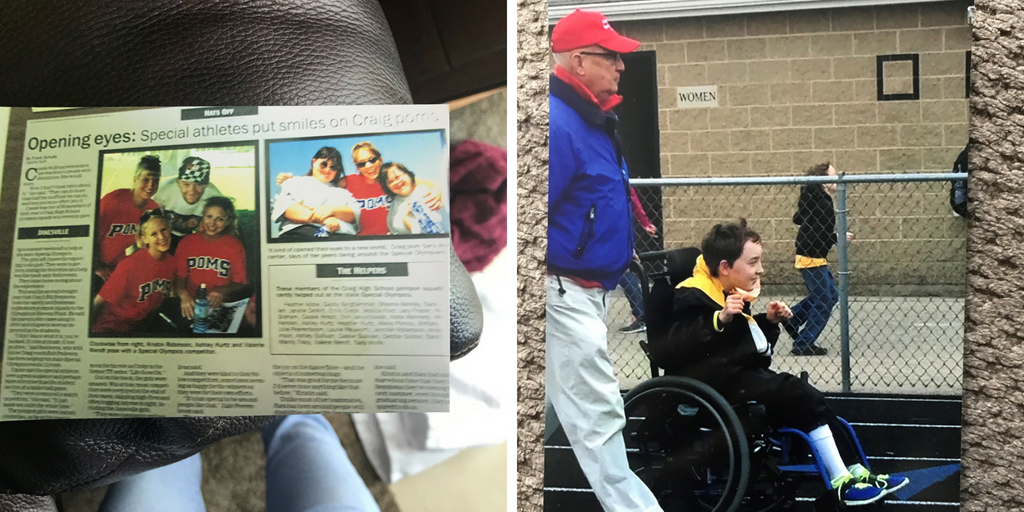(L) A newspaper clipping from a story on Special Olympics and Craig High; (R) Semmons escorts an athlete during competition