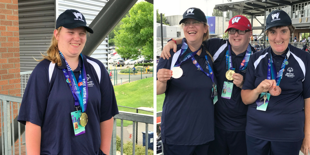 On the left, Brooklyn Kolff smiles wide with her new medal. On the right, Brianna Paulson, Jacob Wilson and Krista Hinckley (L to R) show off their hardware