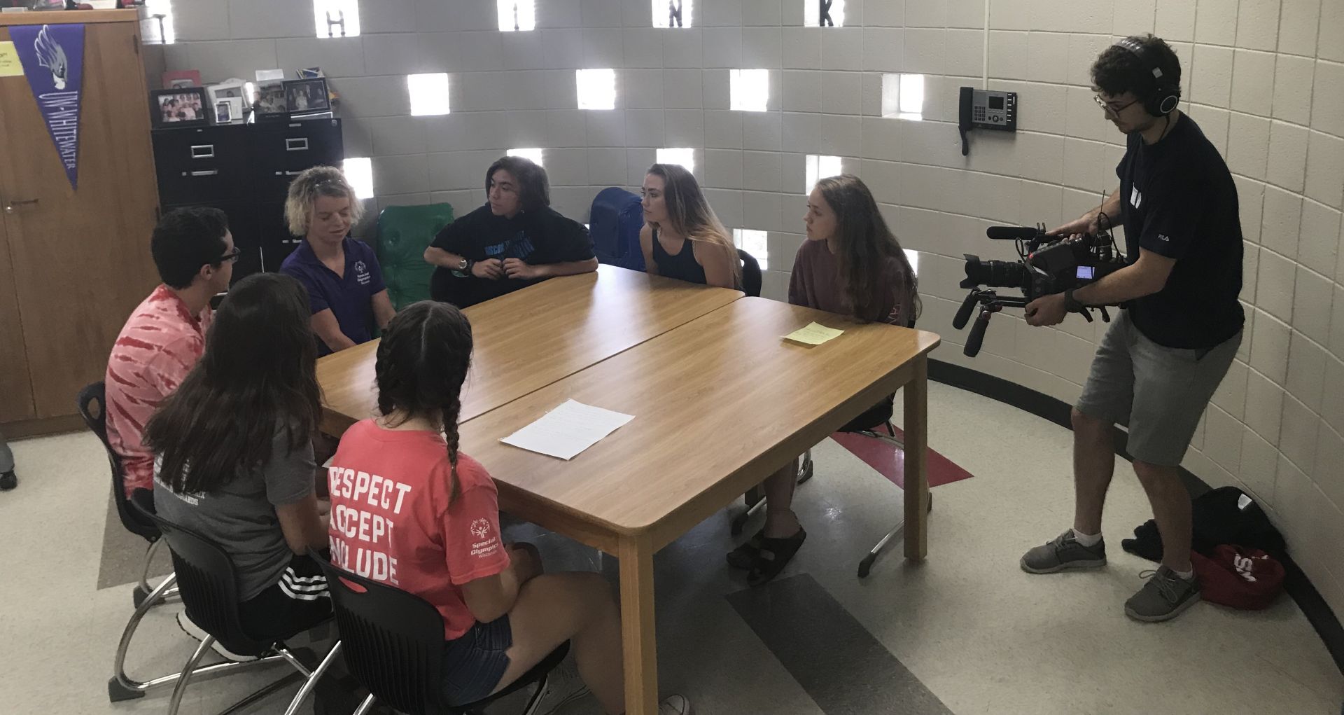 Columbus High students and YAC members film a video for Special Olympics International with SOWI athlete Daina Shilts in May