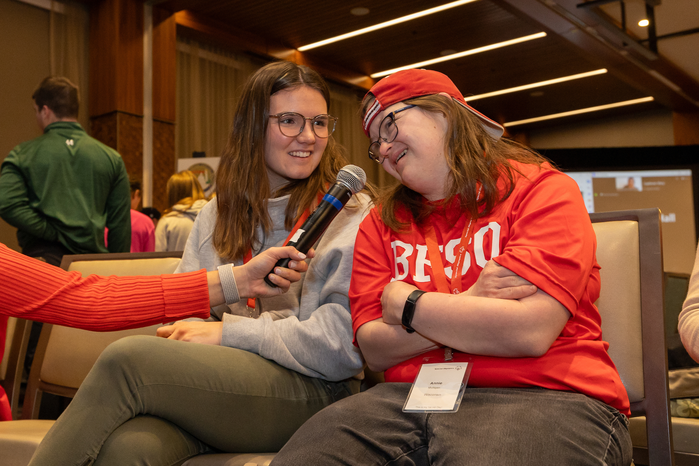 Annie and Daisy practice microphone training at Capitol Hill Days.